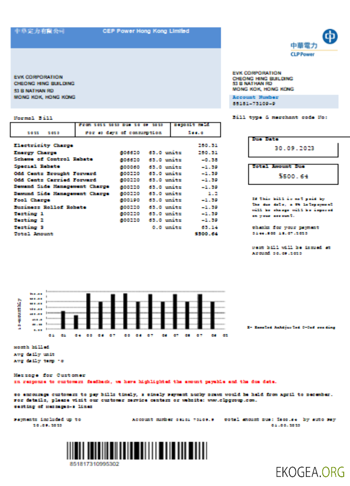 Facture commerciale de services publics de CLP Power Hong Kong Limited, SCR